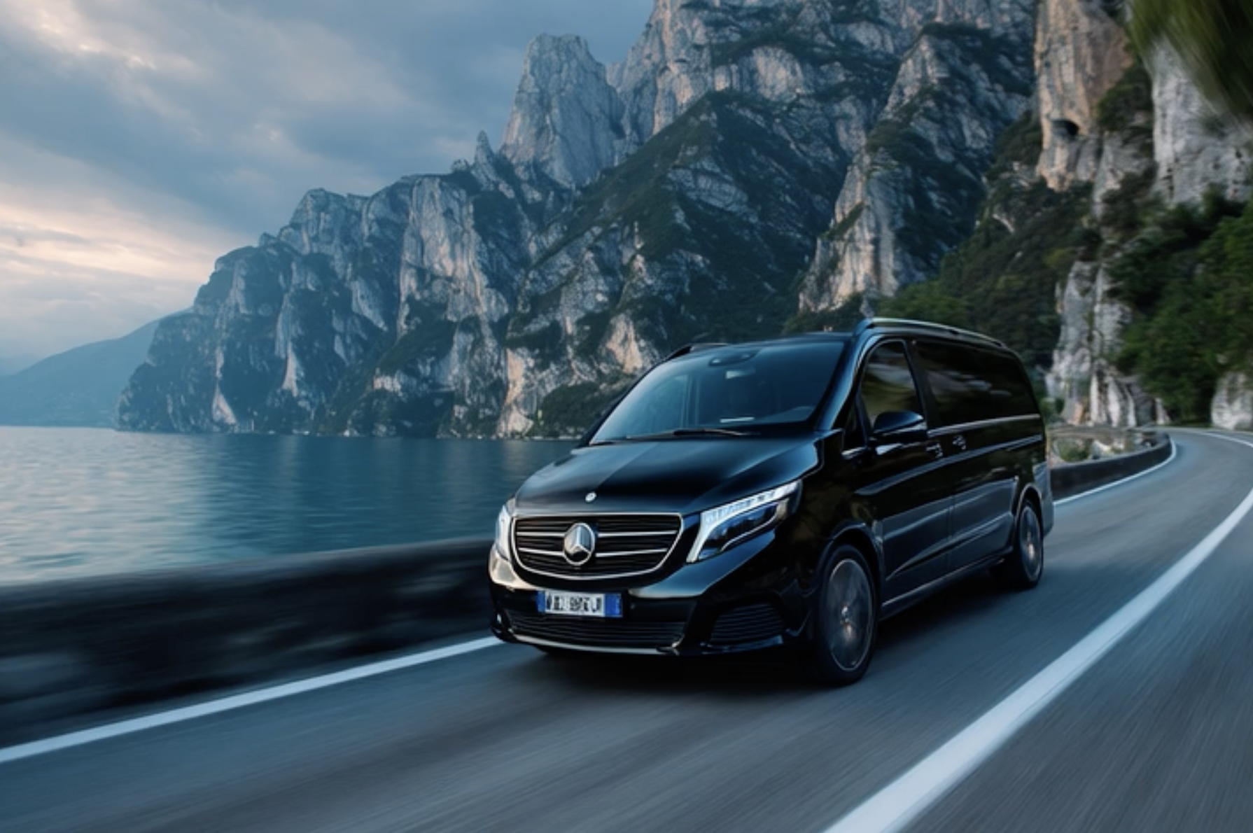 Luxury Mercedes V-Class on coastal road