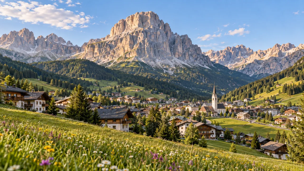 Alta Badia village below the Dolomites peaks in summer